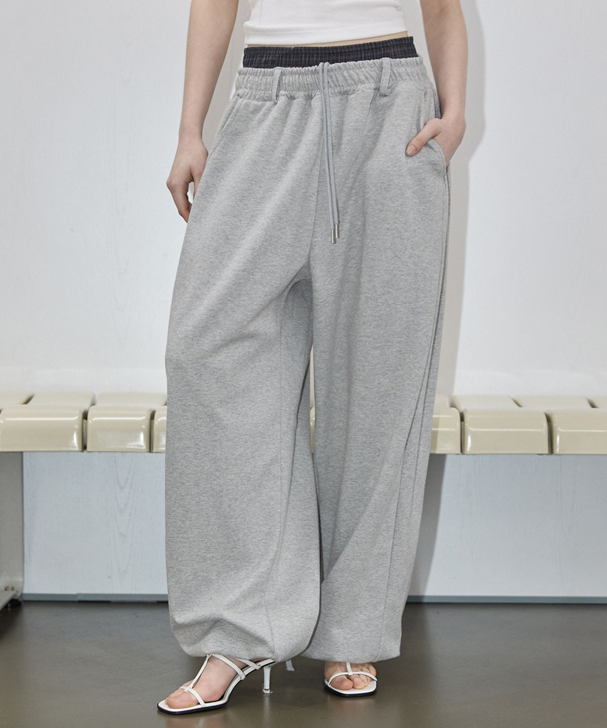 렌세(RENSE) Double Waist Sweatpants Melange Gray