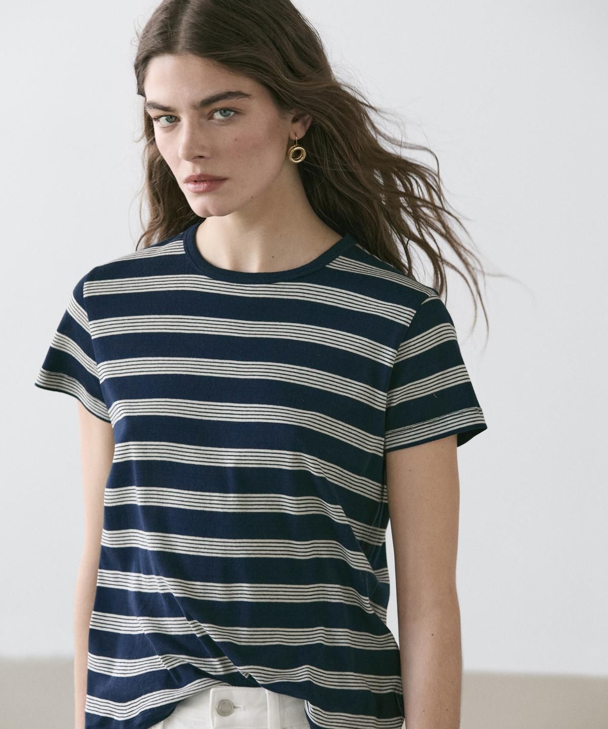 마시모두띠(MASSIMO DUTTI) 100% 코튼 스트라이프 반팔 티셔츠