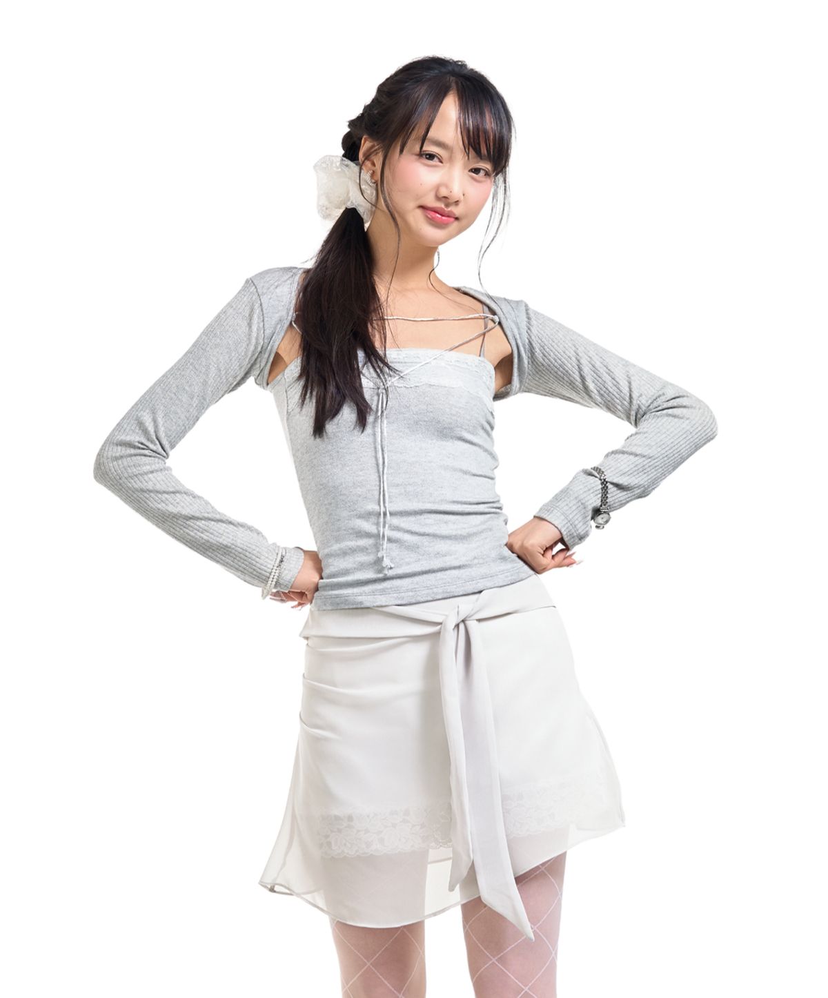 포어링(FORUSRING) Lily lace bolero set-up (light grey)