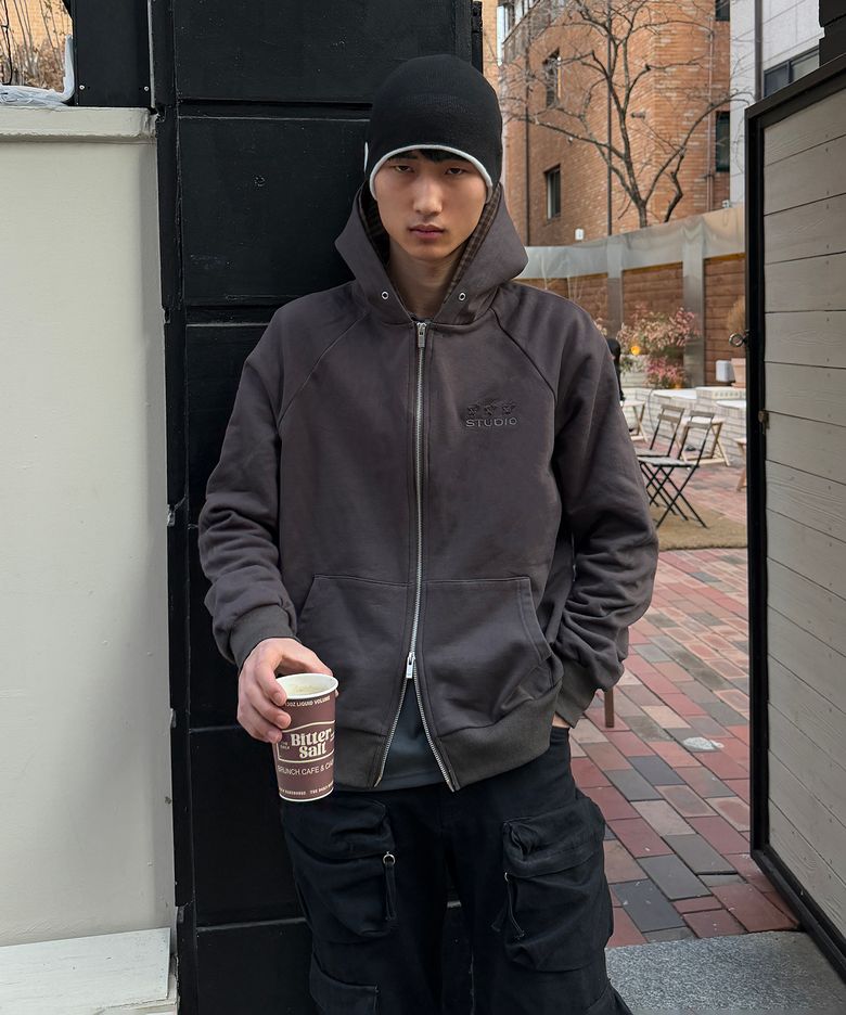 체크 레이어드 스타 패치 소프트 베이직 후드집업 자켓_2COLOR