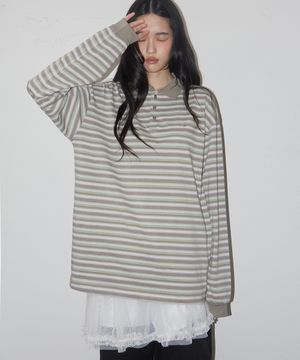 단가라 멀티 스트라이프 오버핏 롱슬리브 카라 티셔츠  _2COLOR