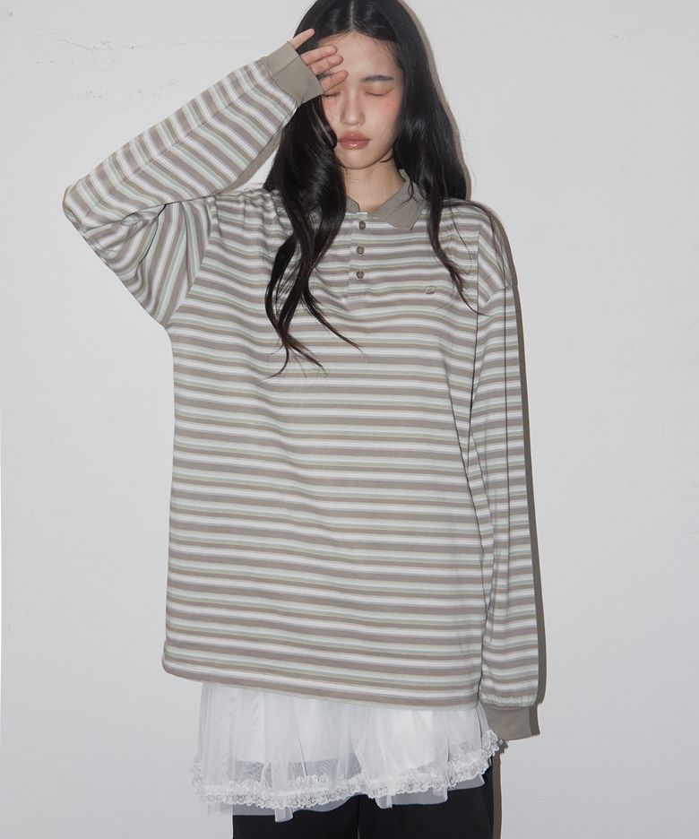 단가라 멀티 스트라이프 오버핏 롱슬리브 카라 티셔츠  _2COLOR