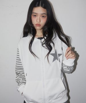 스타 아플리케 스트라이프 컬러 배색 레이어드 후드집업 [화이트]