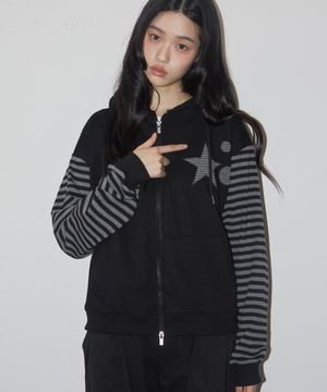 스타 아플리케 스트라이프 컬러 배색 레이어드 후드집업 [블랙]