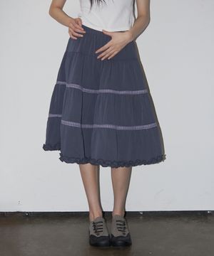 체크 배색 프릴 포인트 볼륨 플레어 캉캉 미디 스커트 [네이비]