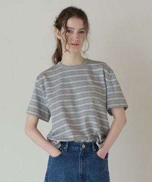 50s EMBROIDERED STRIPED SEMI OVER FIT T-SHIRT_MELANGE GREY