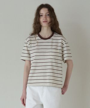 50s EMBROIDERED STRIPED SEMI OVER FIT T-SHIRT_BROWN