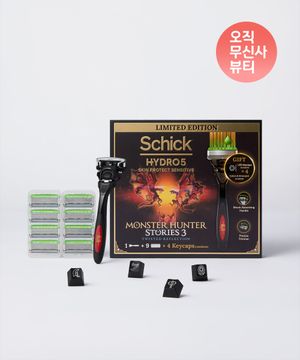 [몬스터헌터 에디션]하이드로5 5중날 스킨프로텍트 센서티브 면도기 핸들+날9+랜덤 키캡 4종