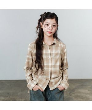 주니어 사이드 셔링 크롭 체크 셔츠