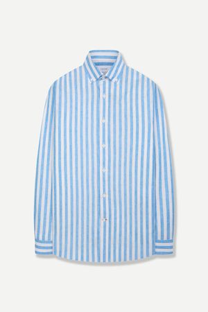 린넨 혼방 스트라이프 슬림핏 캐주얼 셔츠 블루 YJFMUA589BL