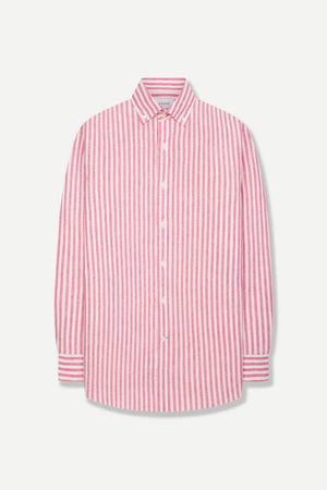 린넨 혼방 스트라이프 슬림핏 캐주얼 셔츠 핑크 YJFMUA595PI