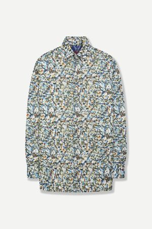 면 100 아트 그래픽 슬림핏 캐주얼 셔츠 블루 YJFSUA575BL