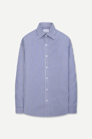 실키 터치 스트라이프 슬림핏 셔츠 네이비 YJFSUS554NY