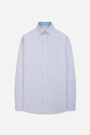 실키 터치 스트라이프 배색 슬림핏 드레스 셔츠 네이비 YJFSUS548NY