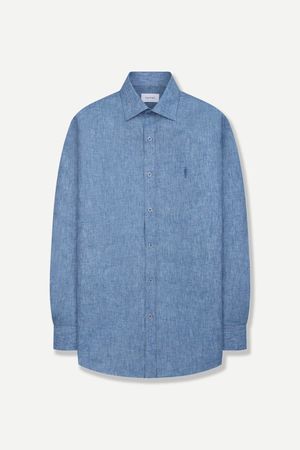 린넨 혼방 슬럽 신사 자수 일반핏 셔츠 블루YJFMUR521BL