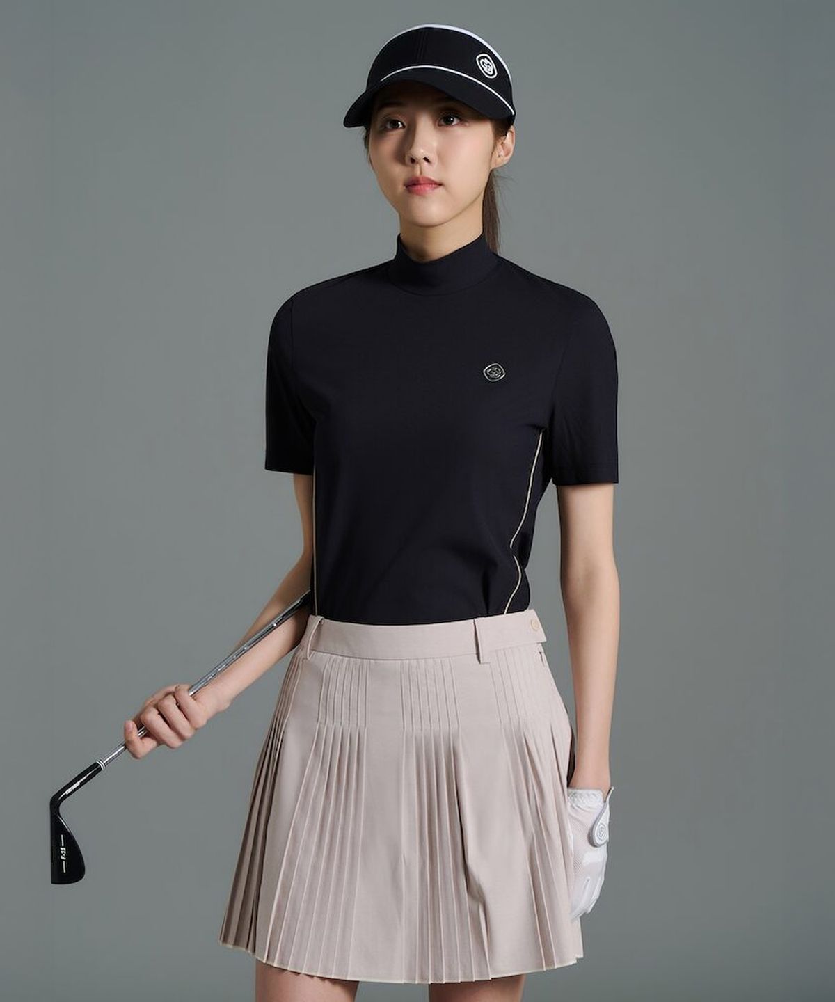 빈폴골프(BEANPOLE GOLF) [B_under] 여성 라인 배색 하이넥 반소매 티셔츠 - 블랙