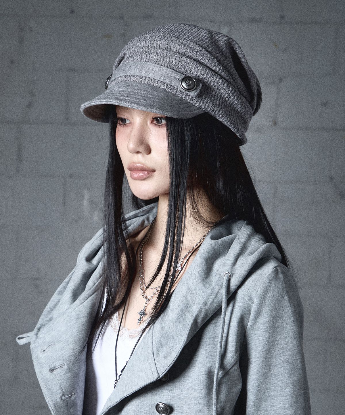 낫노잉(NOTKNOWING) Draped Button Knit Cap (MELANGE GREY)