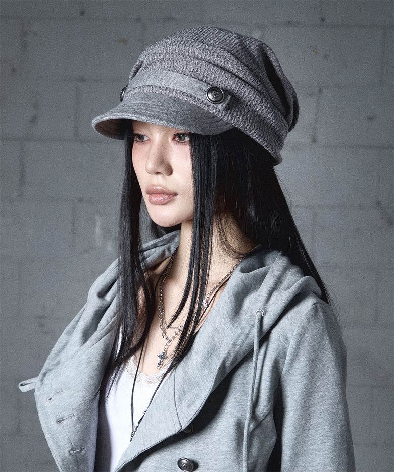 Draped Button Knit Cap (MELANGE GREY)