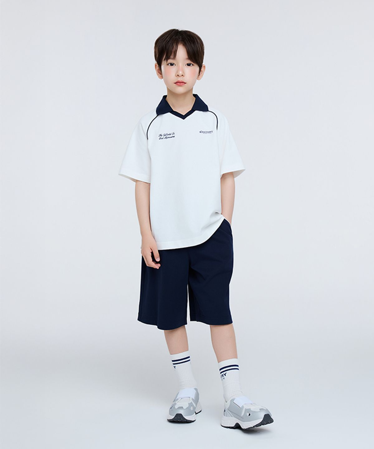 디스커버리 키즈(DISCOVERY KIDS) 키즈 카라 반팔티+팬츠 2SET (WHITE)