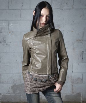 Belted High-Neck Leather Jacket (KHAKI BROWN)