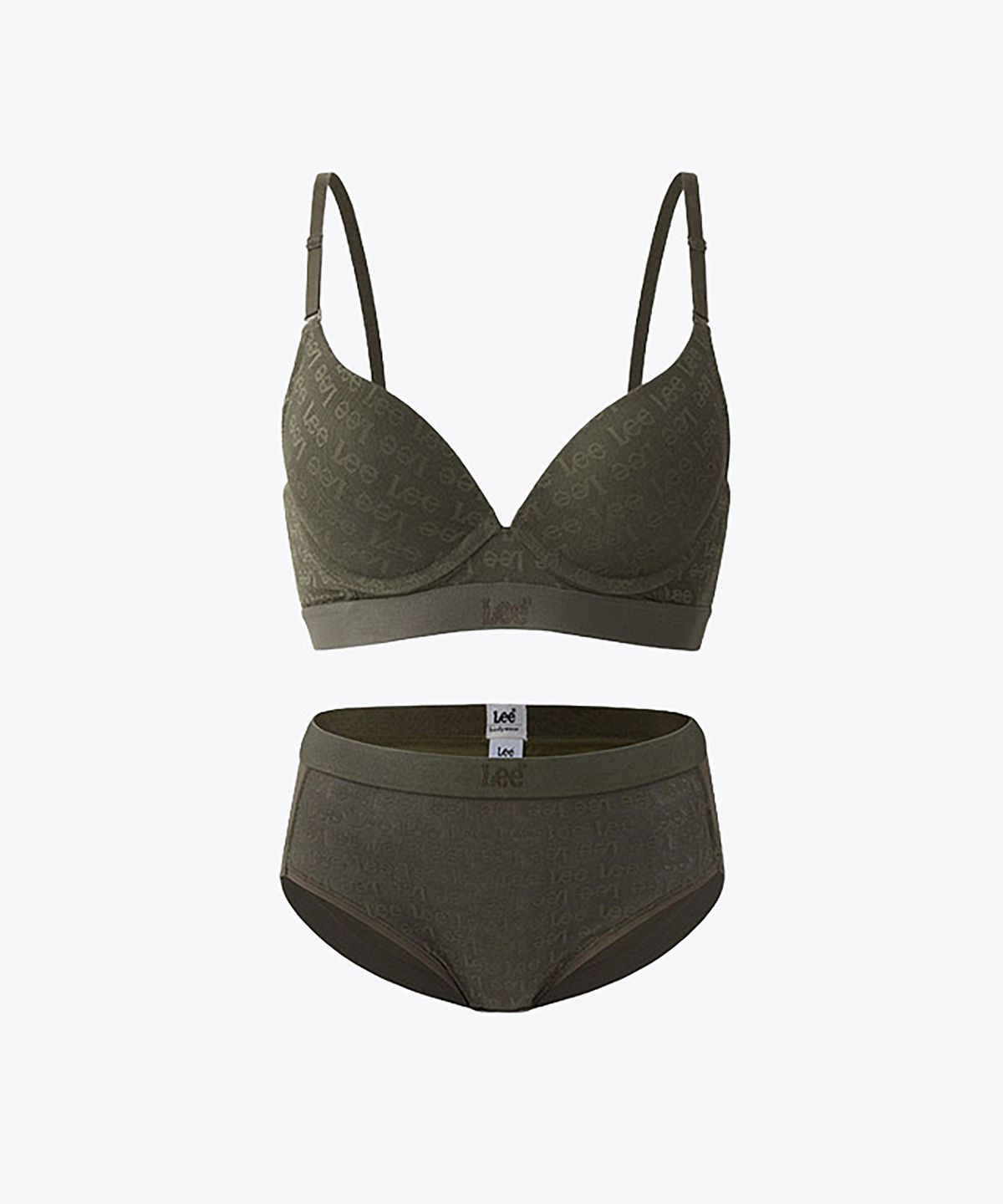 리 바디웨어(LEE BODYWEAR) 시그니처 로고 자카드 와이어 브라 헴 브리프 세트_카키
