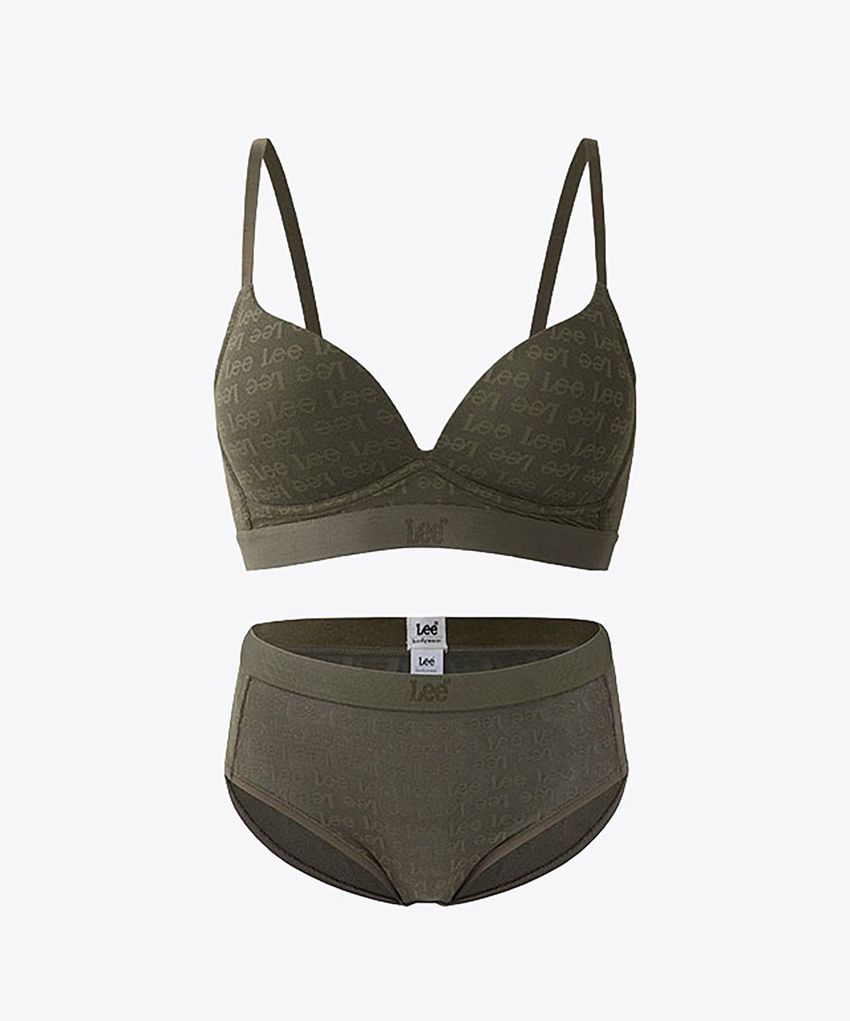 리 바디웨어(LEE BODYWEAR) 시그니처 로고 자카드 노와이어 브라 브리프 세트_카키