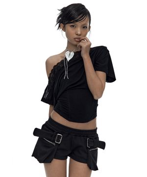 Lace One Shoulder Corset Tee Black