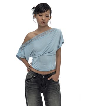 Lace One Shoulder Corset Tee Sky Blue
