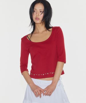 우먼즈 소프트 베이직 보트 유넥 스터드 포인트 7부 슬리브 티셔츠 _4COLOR
