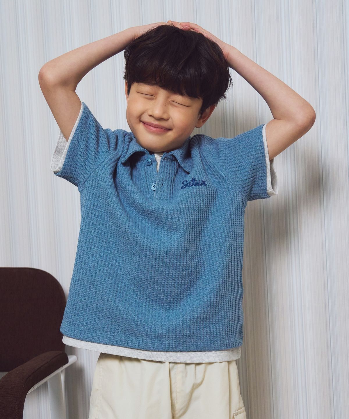 세터 키즈(SATUR KIDS) (K) 와플 칼라 반팔 티셔츠 블루
