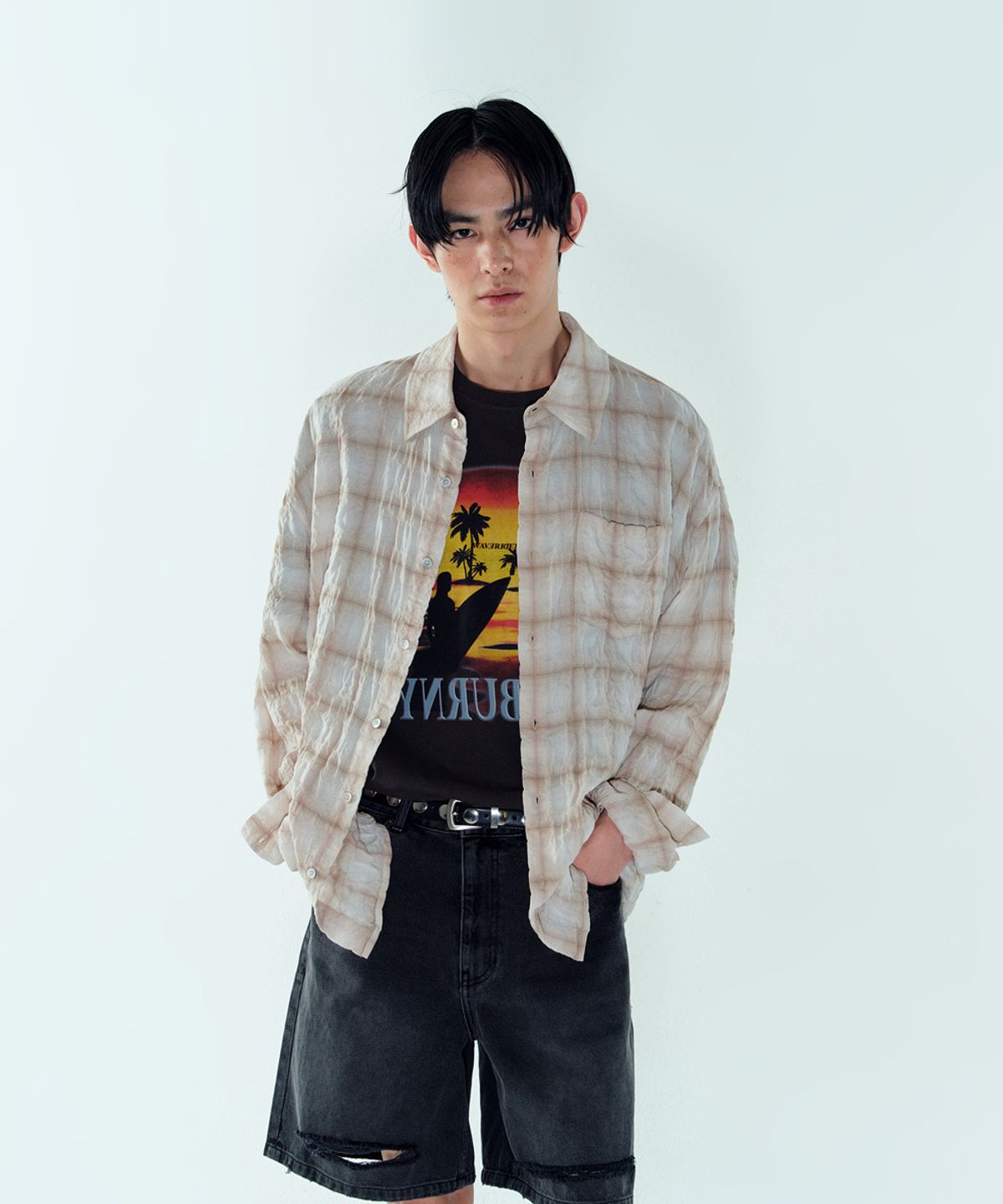 노이스(NOICE) M YARN DYED WASHER CHECK SHIRT - LIGHT BEIGE