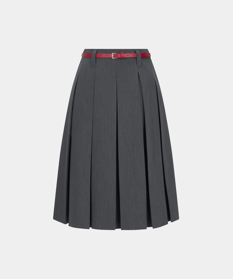 W BELTED PLEATS MIDI SKIRT - GRAY