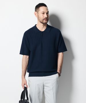 물결조직 카라 니트 네이비 (세미오버핏)_SKTWB55NSN