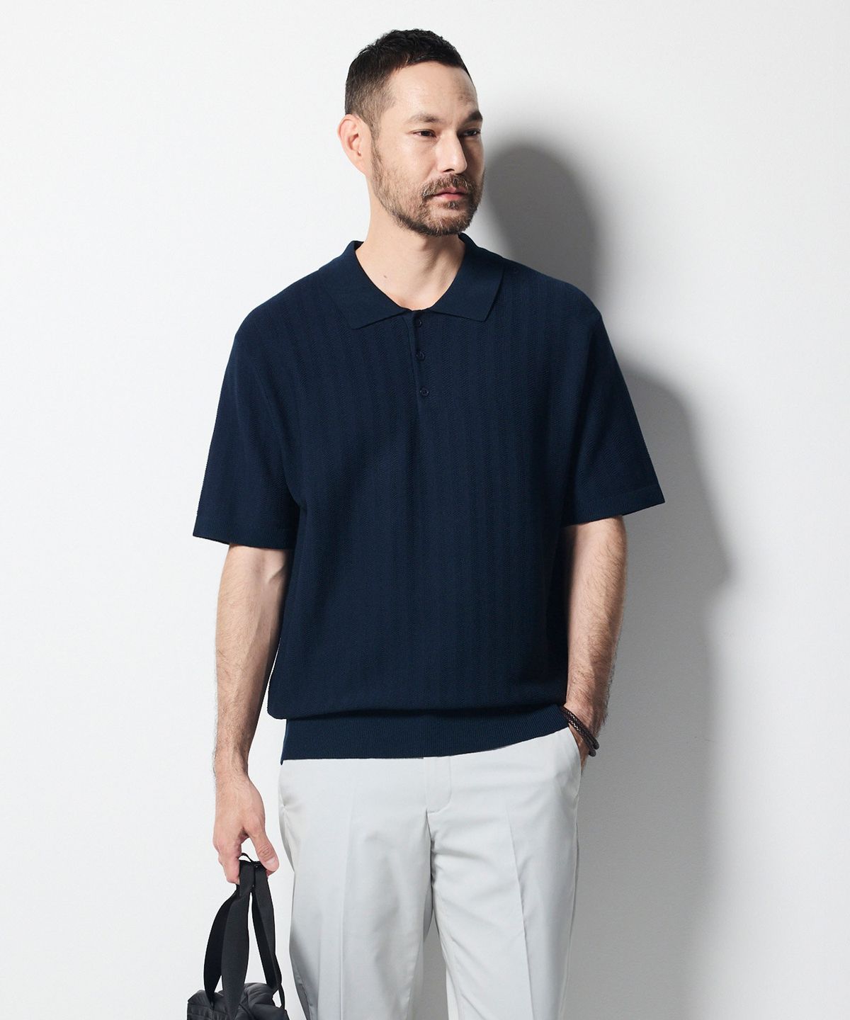 에스티코(STCO) 물결조직 카라 니트 네이비 (세미오버핏)_SKTWB55NSN