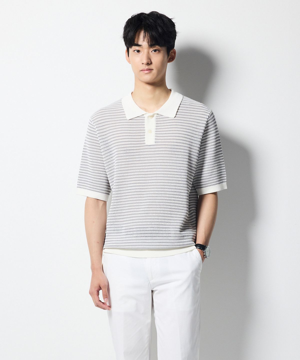 에스티코(STCO) DIEMS 펀칭 카라 클래식 니트 그레이 (클래식핏)_DKTWB21CTG