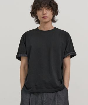 체크 레이어드 크롭 하프 티셔츠 (BLACK)