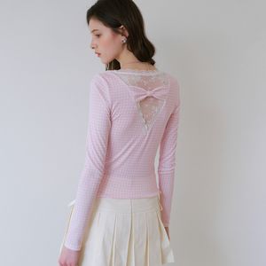 Cest_Romantic lace check long sleeve top