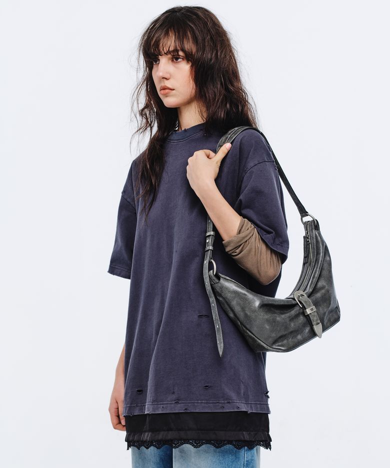 BELTED HOBO MEDIUM_white+grey two-tone cracked