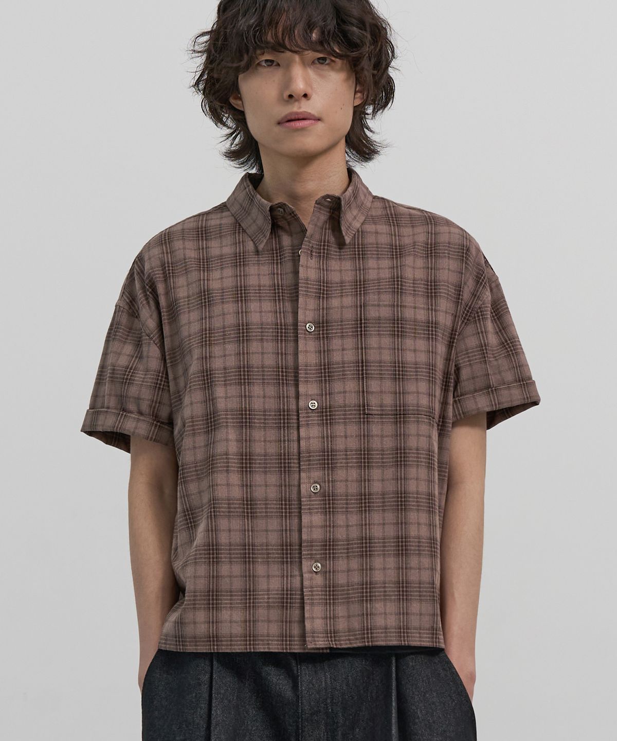 엑스컨테이너(EXCONTAINER) 빈티지 체크 크롭 셔츠 (BROWN)