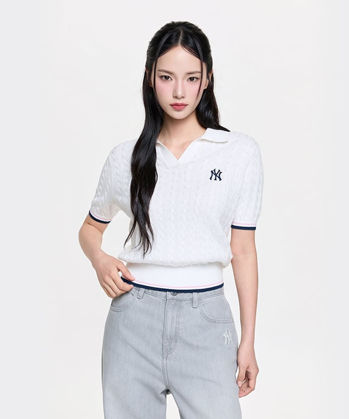 엠엘비(MLB) 여성 바시티 케이블 오픈카라 반팔니트 NY (White)