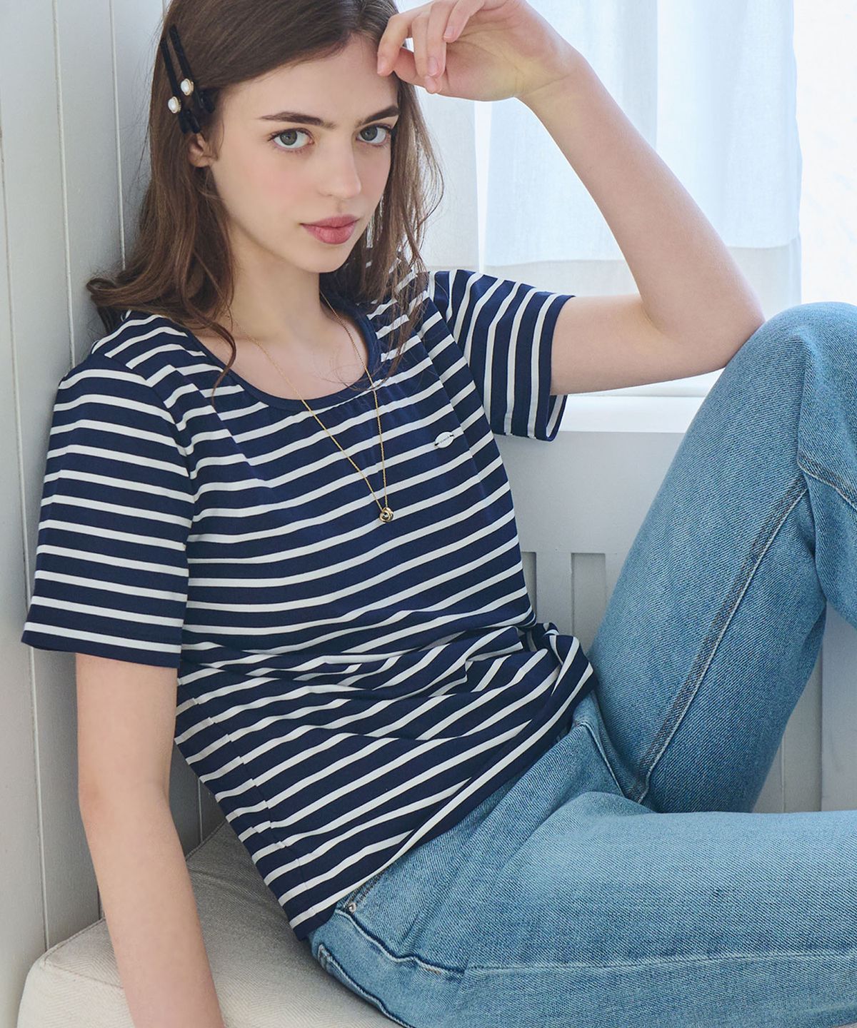 슬로우롤리(SLOWLOLLI) U neck stripe short sleeve t-shirt - Navy