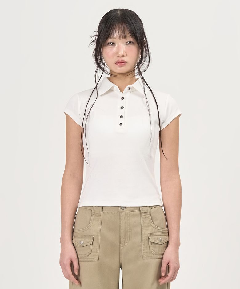Button Cap Sleeve Collar Tee (White)