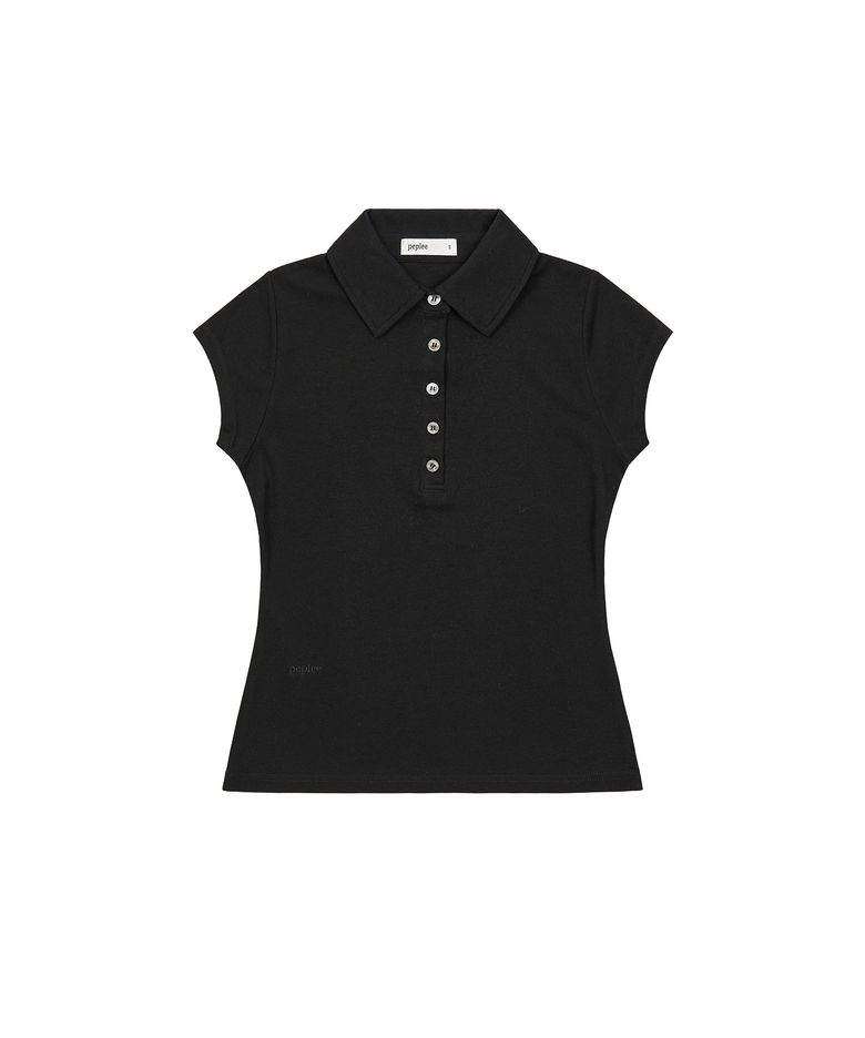 Button Cap Sleeve Collar Tee (Black)