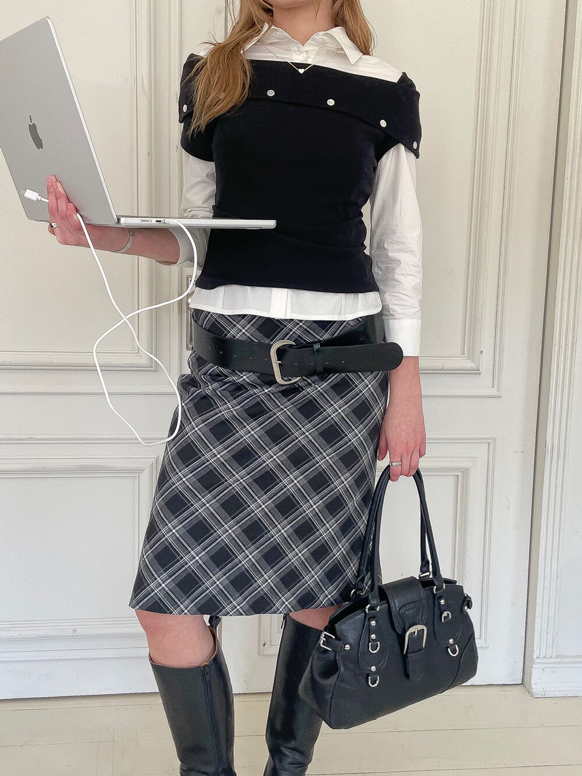디망쉬(DIMANCHE) Check Midi Skirt (black/white)