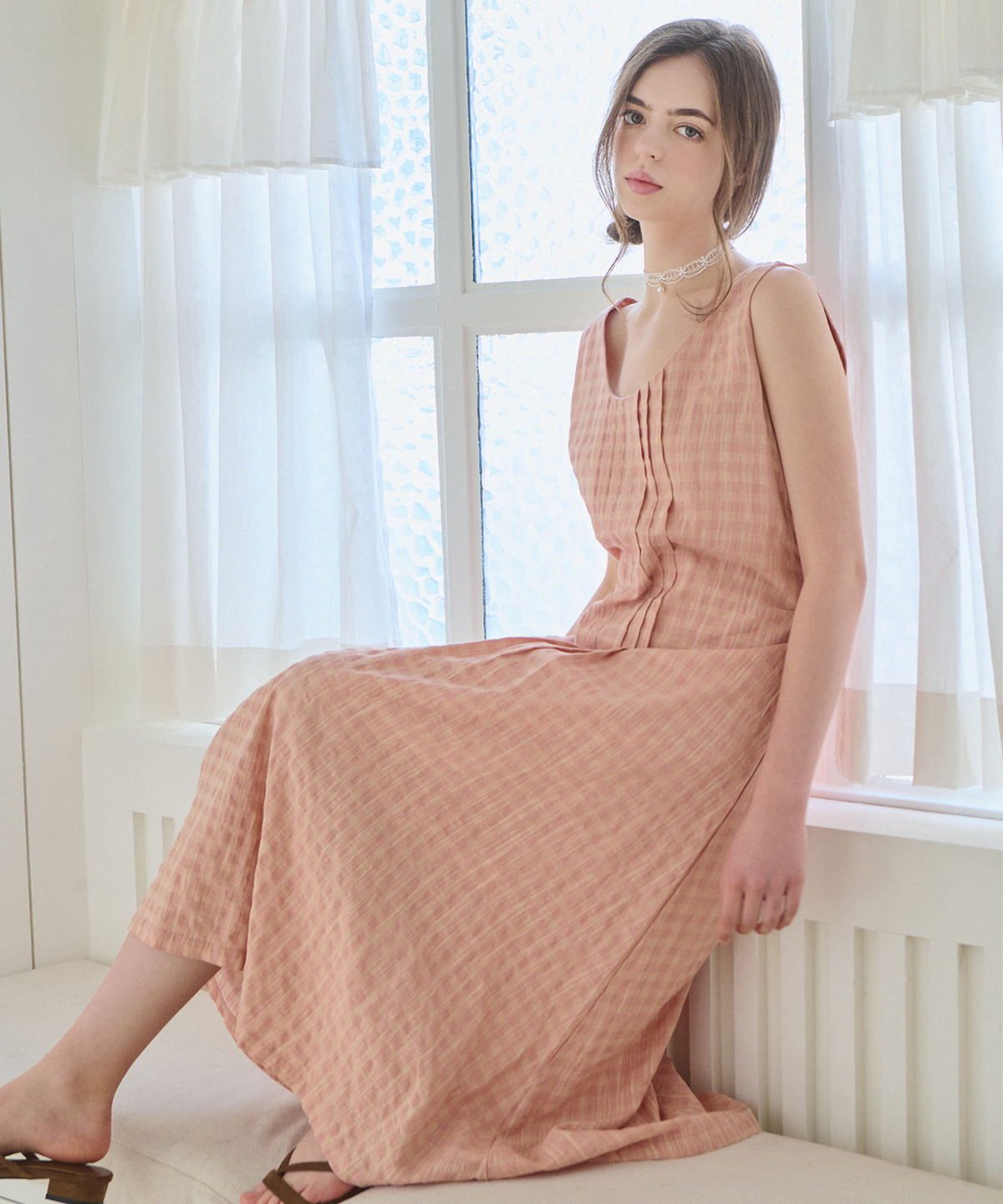 슬로우롤리(SLOWLOLLI) Pintuck bloom dress - Peach pink