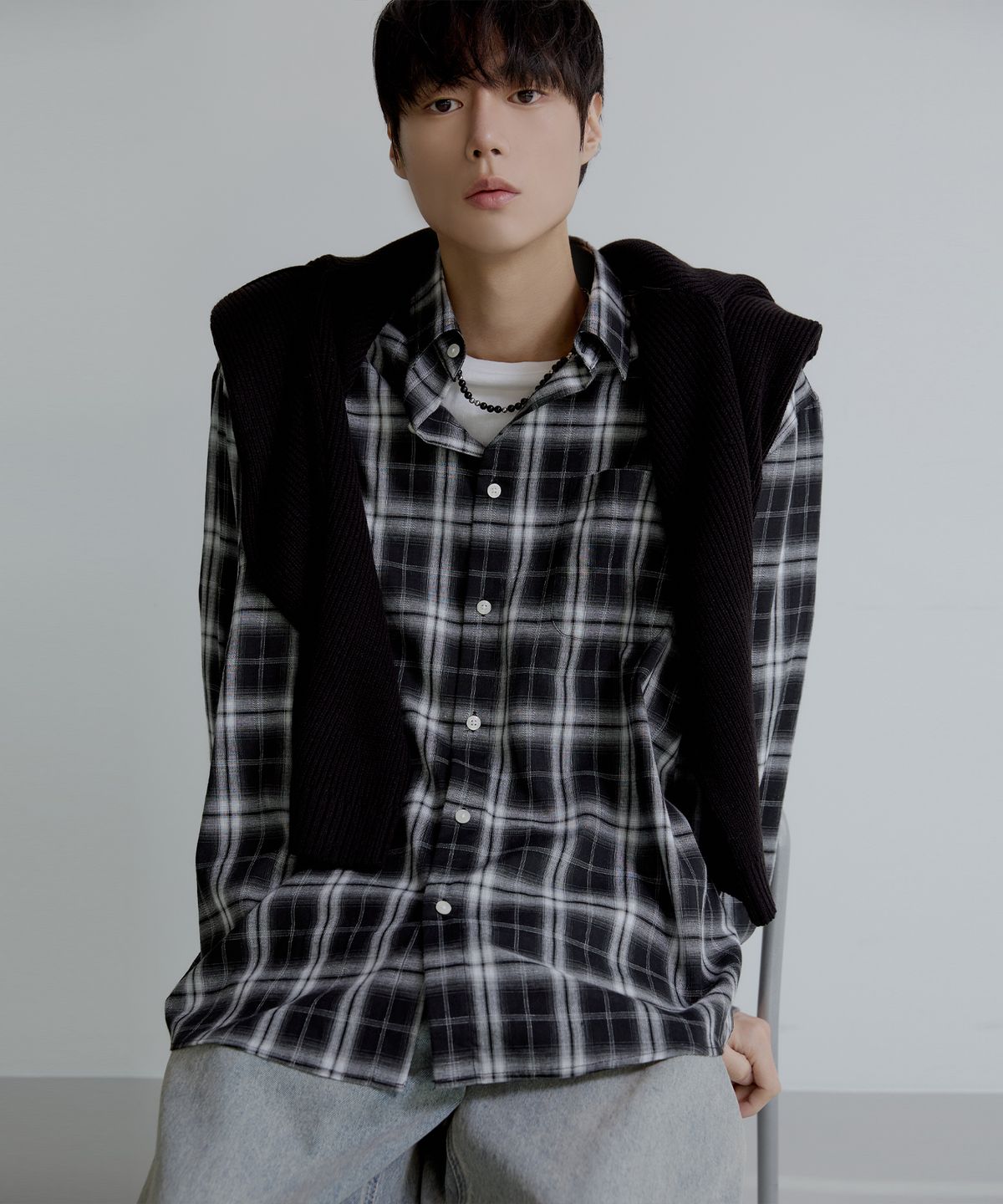 노드유(NODU) 너드 데일리 루즈핏 체크 셔츠 [블랙]