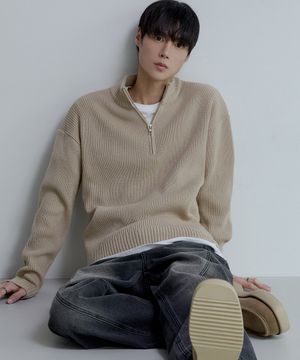 쿼터 하프 집업 골지 니트 [베이지]