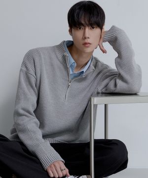 쿼터 하프 집업 골지 니트 [그레이]