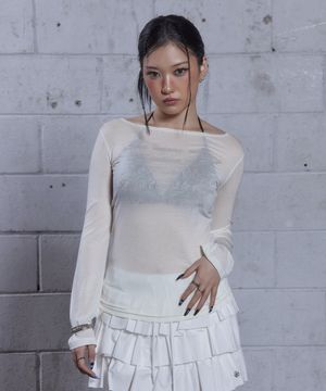 (DUC) Lettering Sheer Long Sleeve White