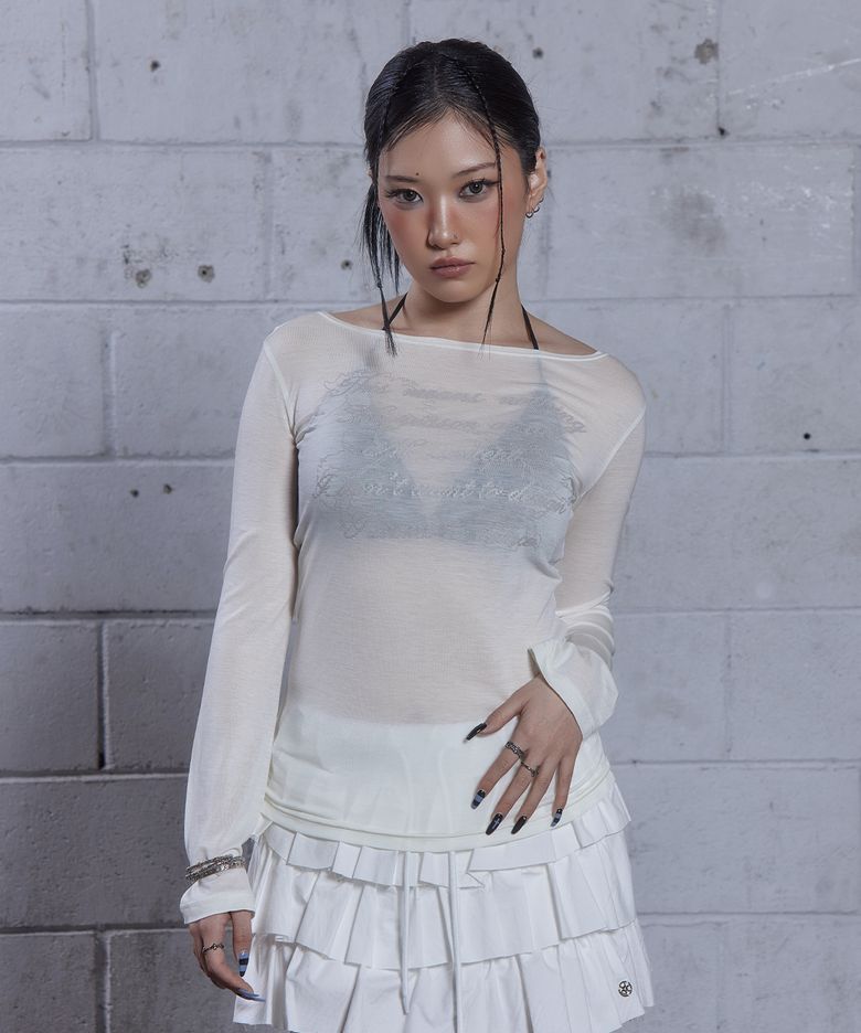 (DUC) Lettering Sheer Long Sleeve White